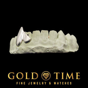Single silver canine fang cap grill on a dental mold