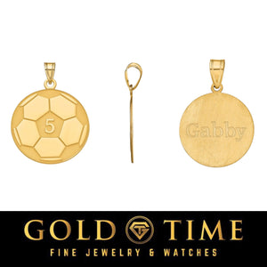 Yellow gold soccer pendant shown from the front, the side, and the back engraved Gabby