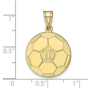 Size chart showing the yellow gold soccer pendant beside a ruler, about three quarters of an inch