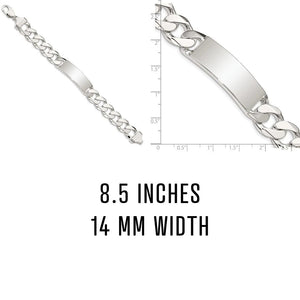 Sterling silver curb link ID bracelet, 8.5 inches long and 14 mm wide, with a blank engraving plate