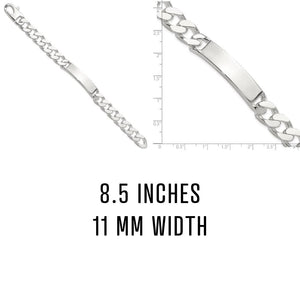 Sterling silver curb link ID bracelet, 8.5 inches long and 11 mm wide