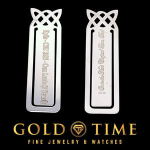 Two Celtic knot bookmarks engraved with sample text along the clip