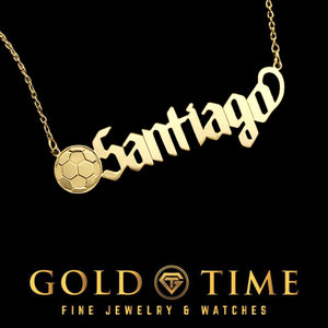 Gold soccer ball name plate necklace with a personalized gothic font name on chain