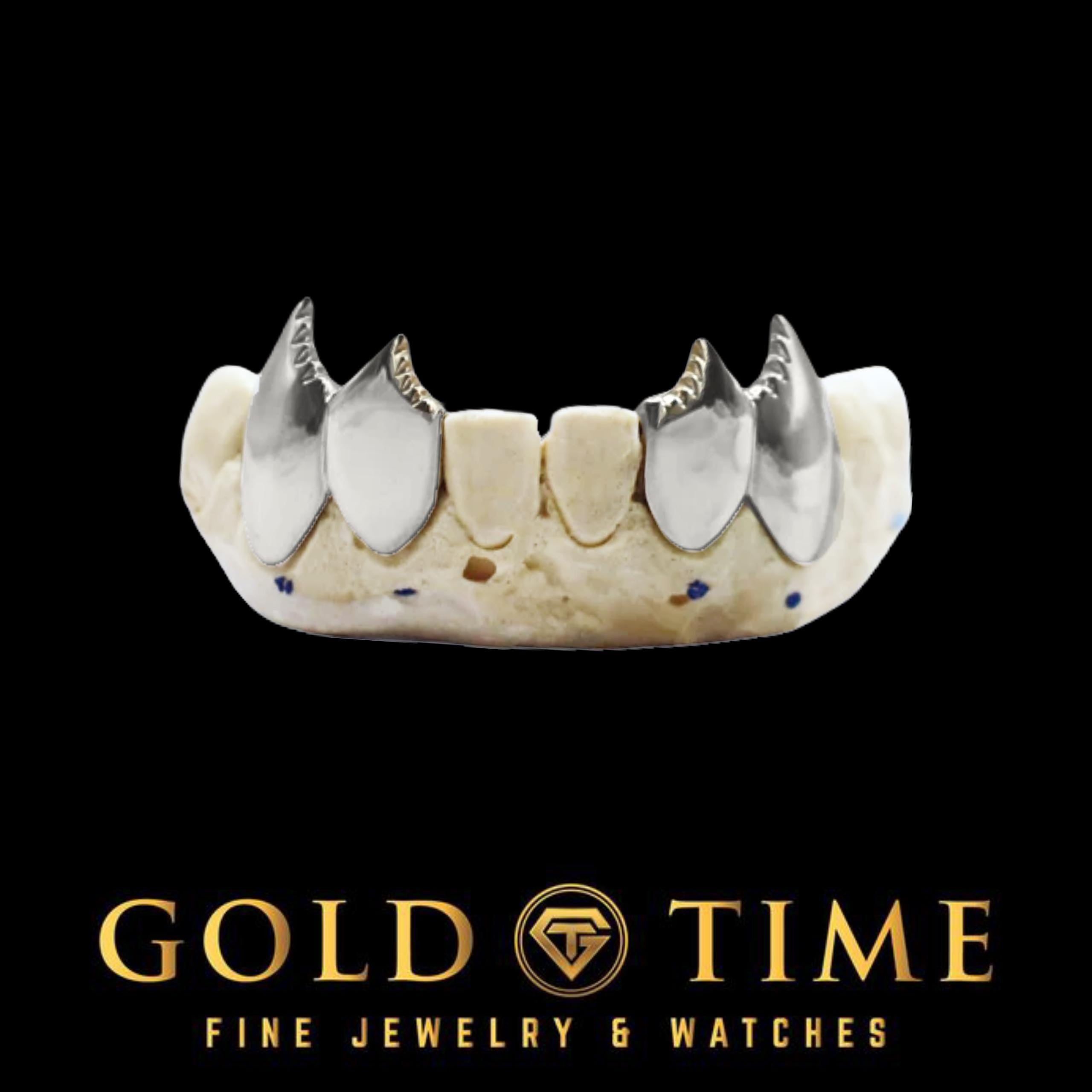 Custom 4 Piece Shark Tooth Grillz with Serrated Fangs - Vampire Teeth Grill - Handmade in Gold, Silver, Rose Gold - Custom Fang Set
