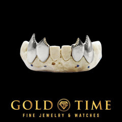 Custom 4 Piece Shark Tooth Grillz with Serrated Fangs - Vampire Teeth Grill - Handmade in Gold, Silver, Rose Gold - Custom Fang Set