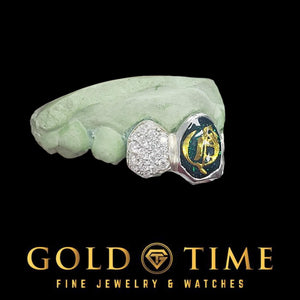 Green gemstone grillz with a diamond-studded hexagonal tooth on a black background, featuring 'Gold Time' jewelry brand.