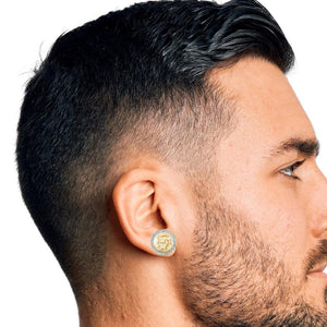 Man wearing a 10K gold Medusa diamond stud earring