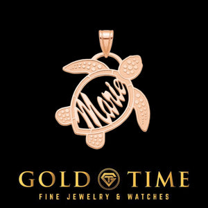 Rose plated sea turtle name pendant with a script name cut through the shell