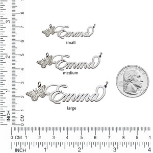 Size chart comparing small, medium, and large cursive butterfly name necklaces next to a quarter and a ruler