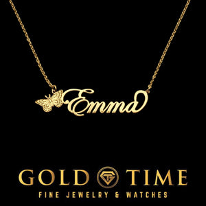 Yellow gold cursive name necklace reading Emma with a textured butterfly at the start of the name