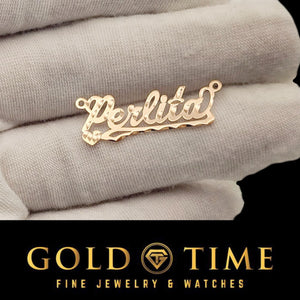 Yellow gold diamond-cut name pendant with heart reading Perlita on a white cloth