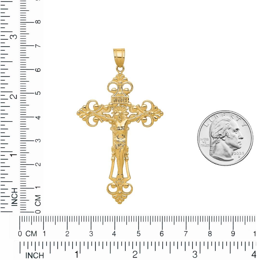 14k Gold INRI Crucifix Pendant for Men & Women  Large Fleur de Lis Cross Charm  Religious Gold Jewelry Gift  Catholic Necklace Pendant