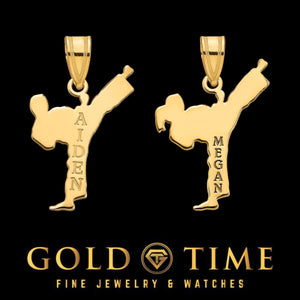 Boy and girl gold karate kick pendants engraved with the names Aiden and Megan down the leg, Gold Time