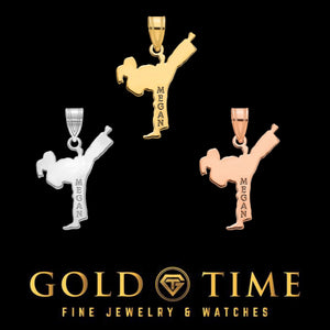 Girl karate kick pendants engraved Megan in white, yellow, and rose gold