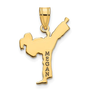 Front of the girl design gold karate kick pendant engraved Megan vertically along the standing leg