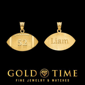 Front and back of a yellow gold football pendant, number 52 on the front and the name Liam on the back