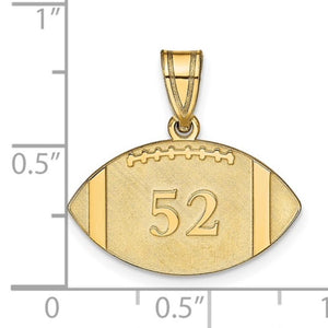 Size chart for the gold football jersey number pendant, about 0.6 inches tall and 0.85 inches wide