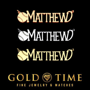 Baseball name necklaces in rose gold, silver and yellow gold shown on black with the Gold Time logo