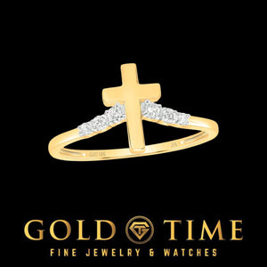 10k yellow gold women's cross ring with a polished cross rising from a curved band lined with natural diamonds