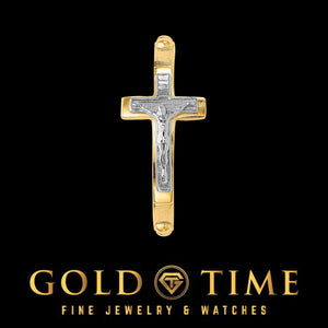 Close-up of the white gold crucifix on a yellow gold ring