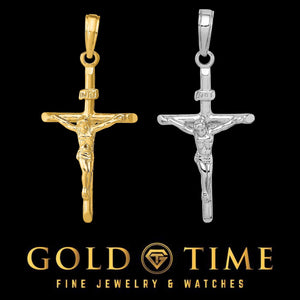 Two crucifix pendants, one gold and one silver, on a black background with 'Gold Time' branding.