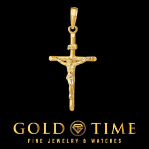 Gold crucifix pendant on a black background with 'Gold Time' branding.