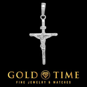 White gold crucifix pendant on a black background with Gold Time logo.