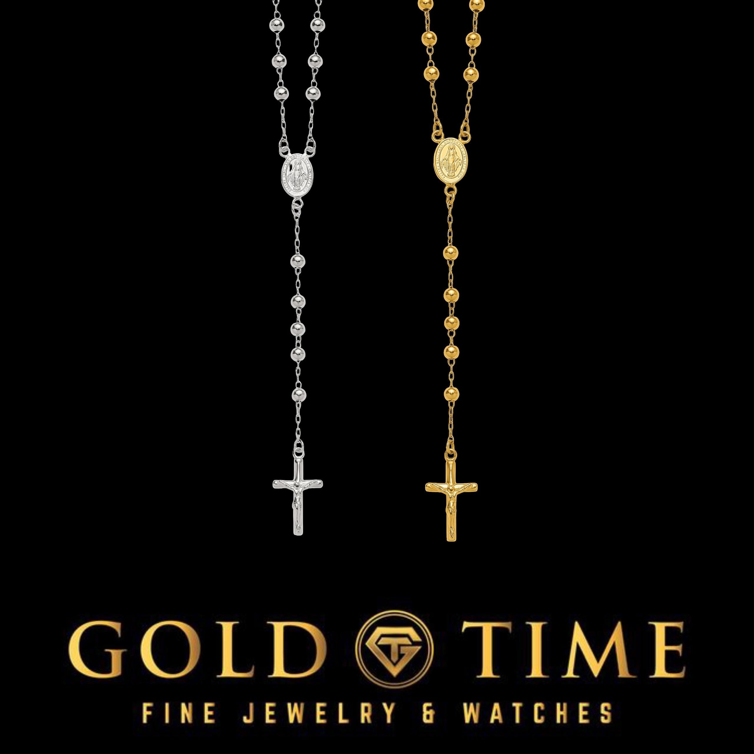 24" Beaded Sterling Silver Rosary Necklace for Men & Women, Polished Finish, Gold-Plated or Silver, Catholic Cross Gift Jewelry