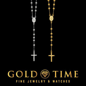 Beaded rosary necklaces in sterling silver and gold plated silver with Virgin Mary center and crucifix