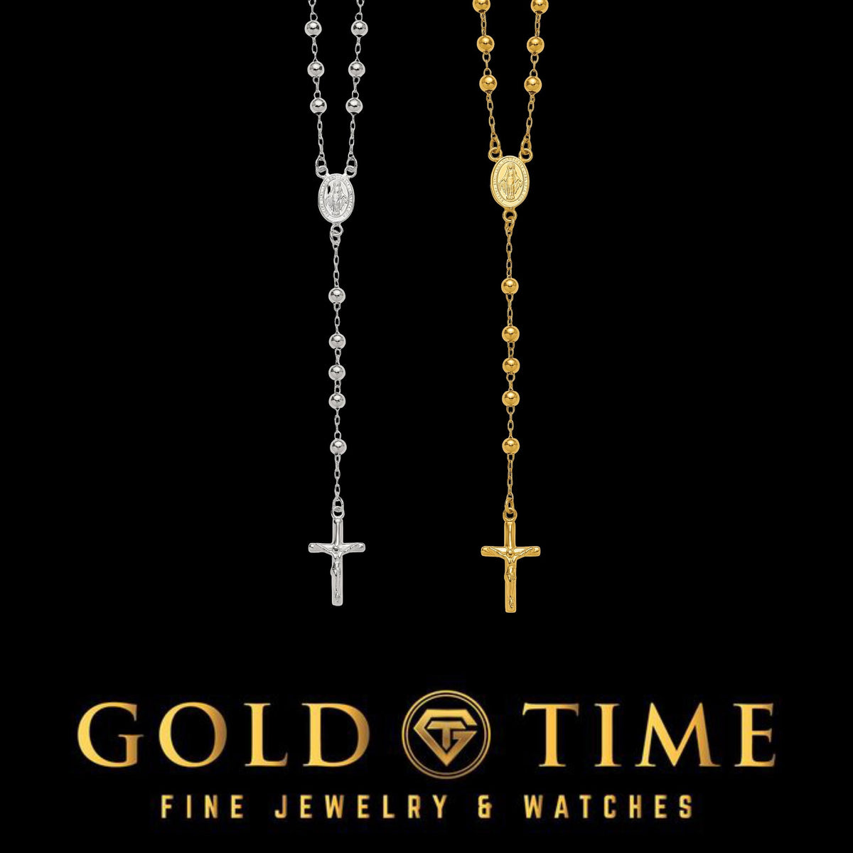 24" Beaded Sterling Silver Rosary Necklace for Men & Women, Polished Finish, Gold-Plated or Silver, Catholic Cross Gift Jewelry