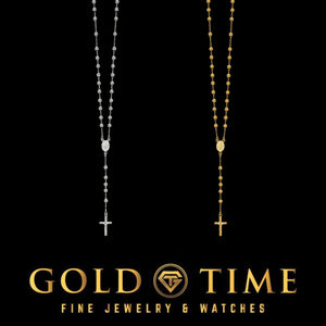 Full length view of 24 inch sterling silver and gold plated rosary necklaces with crucifix