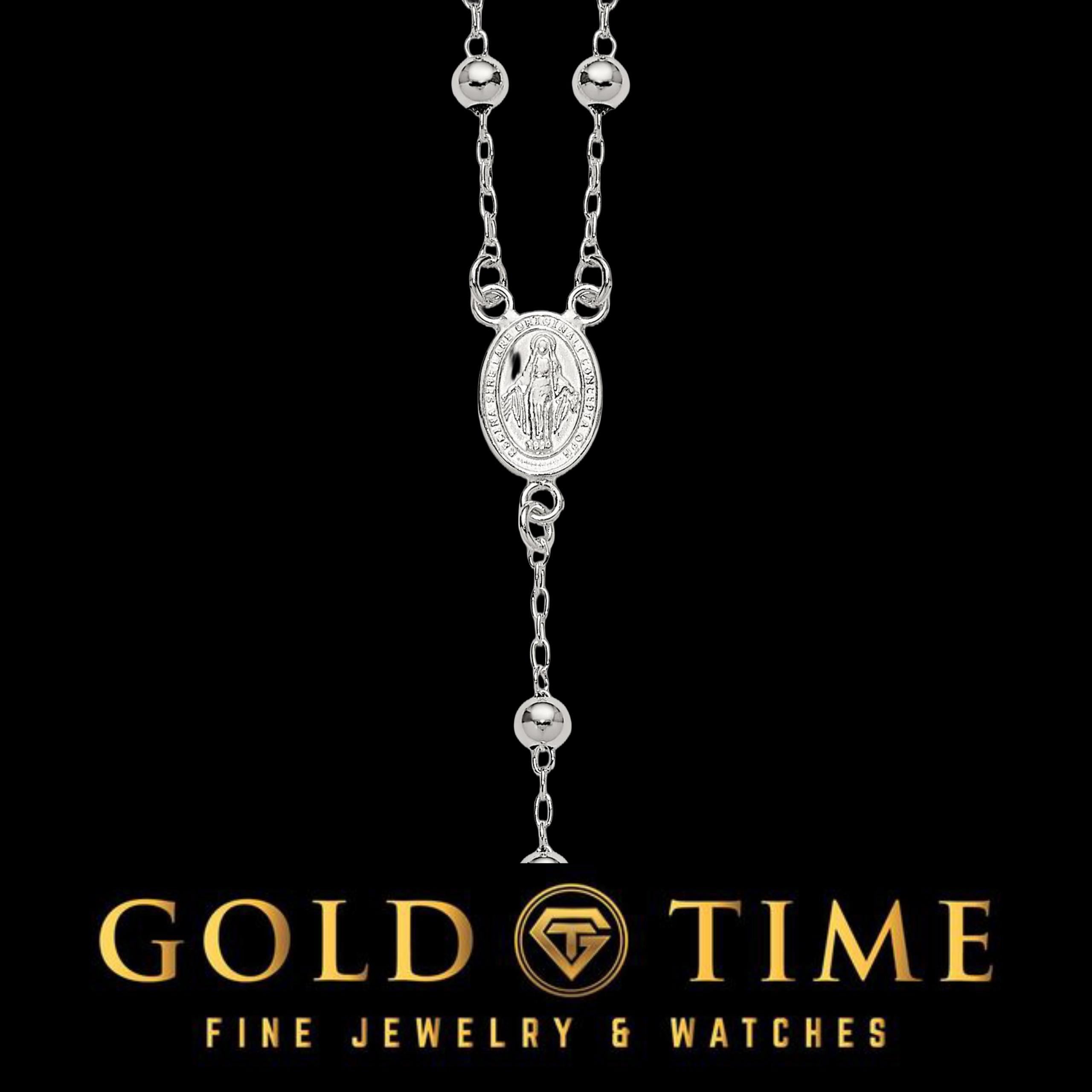 24" Beaded Sterling Silver Rosary Necklace for Men & Women, Polished Finish, Gold-Plated or Silver, Catholic Cross Gift Jewelry