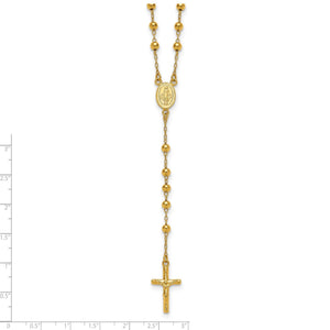 Gold plated beaded rosary necklace with Virgin Mary center and crucifix, full length view