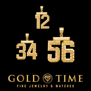 Yellow gold two digit number pendants with diamond cut faces, shown as 12, 34 and 56