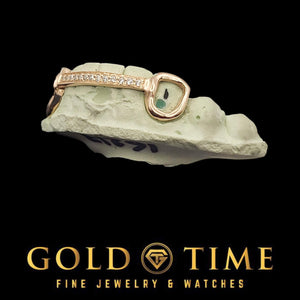 Open face grillz with a moissanite center row and an open oval cap on the front tooth