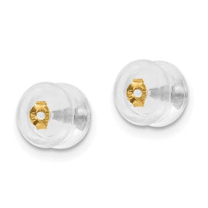 Pair of mushroom style silicone earring backs with gold cores at an angle