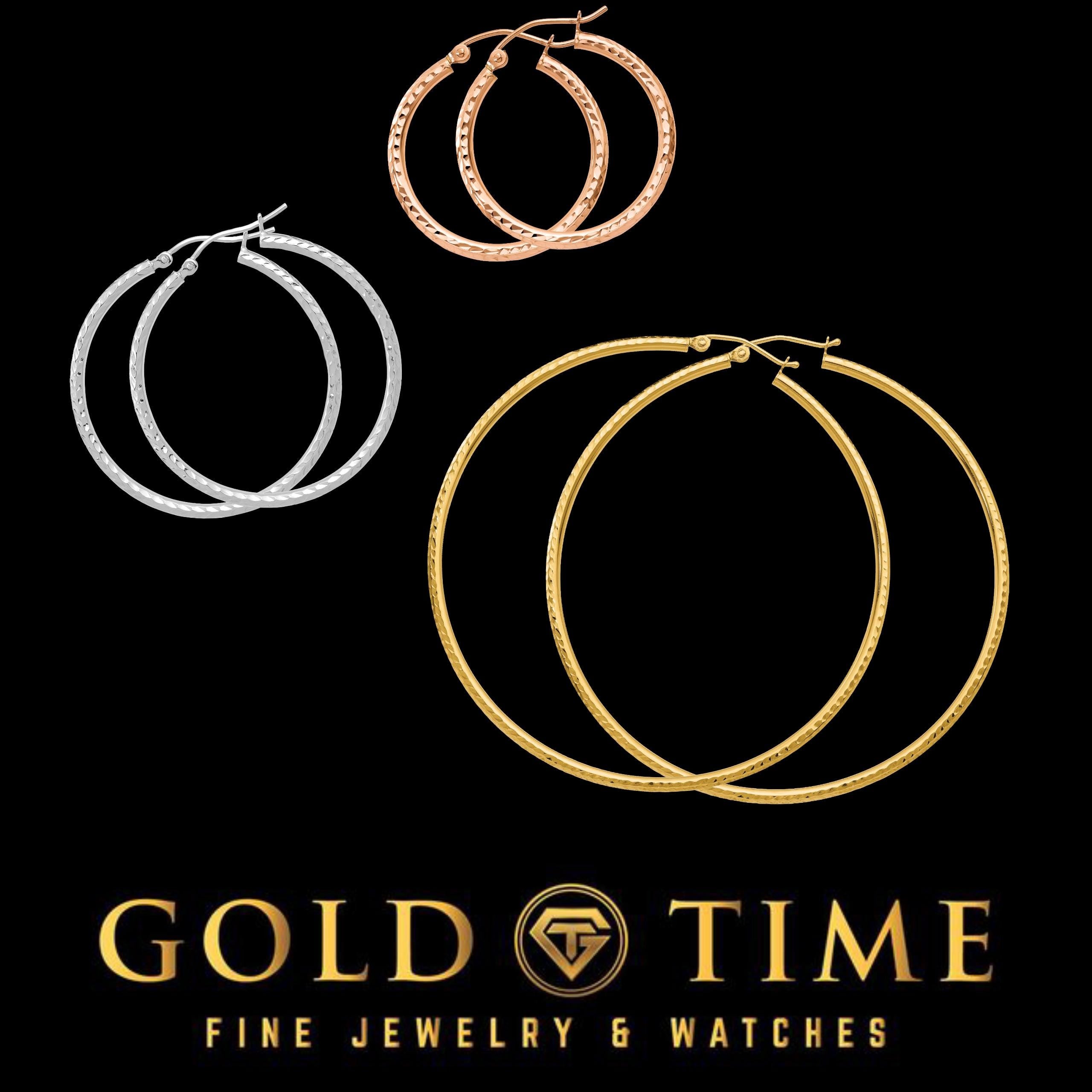 14K or 10K Real Gold Diamond-Cut Hoop Earrings for Women, 2 MM Width, Lightweight Polished Finish, Classic Round Hoops, Multiple Sizes