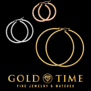 Diamond cut gold hoop earrings shown in white, rose, and yellow gold in two sizes