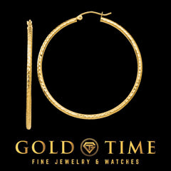 14K or 10K Real Gold Diamond-Cut Hoop Earrings for Women, 2 MM Width, Lightweight Polished Finish, Classic Round Hoops, Multiple Sizes