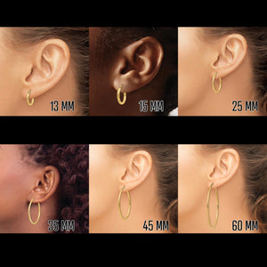 Six ear photos comparing the 13 mm, 15 mm, 25 mm, 35 mm, 45 mm, and 60 mm hoop sizes