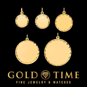 Five gold diamond-cut disc charms in 13mm to 29mm sizes on a black background with Gold Time branding