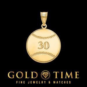 Polished gold baseball pendant with engraved jersey number 30 and raised stitching