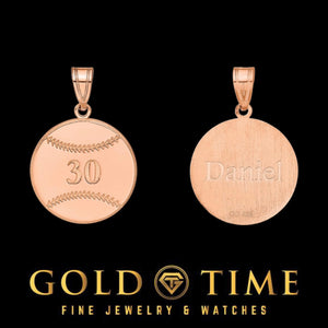 14k rose gold custom baseball pendant, front with jersey number 30 and back engraved Daniel