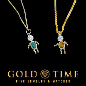 Two gold boy birthstone charms shown hanging on gold chains