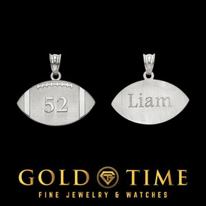 Front and back of a white football pendant, number 52 on the front and the name Liam on the back