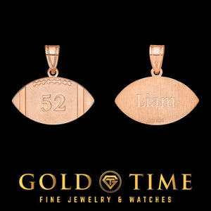 Front and back of a rose gold football pendant, number 52 on the front and the name Liam on the back