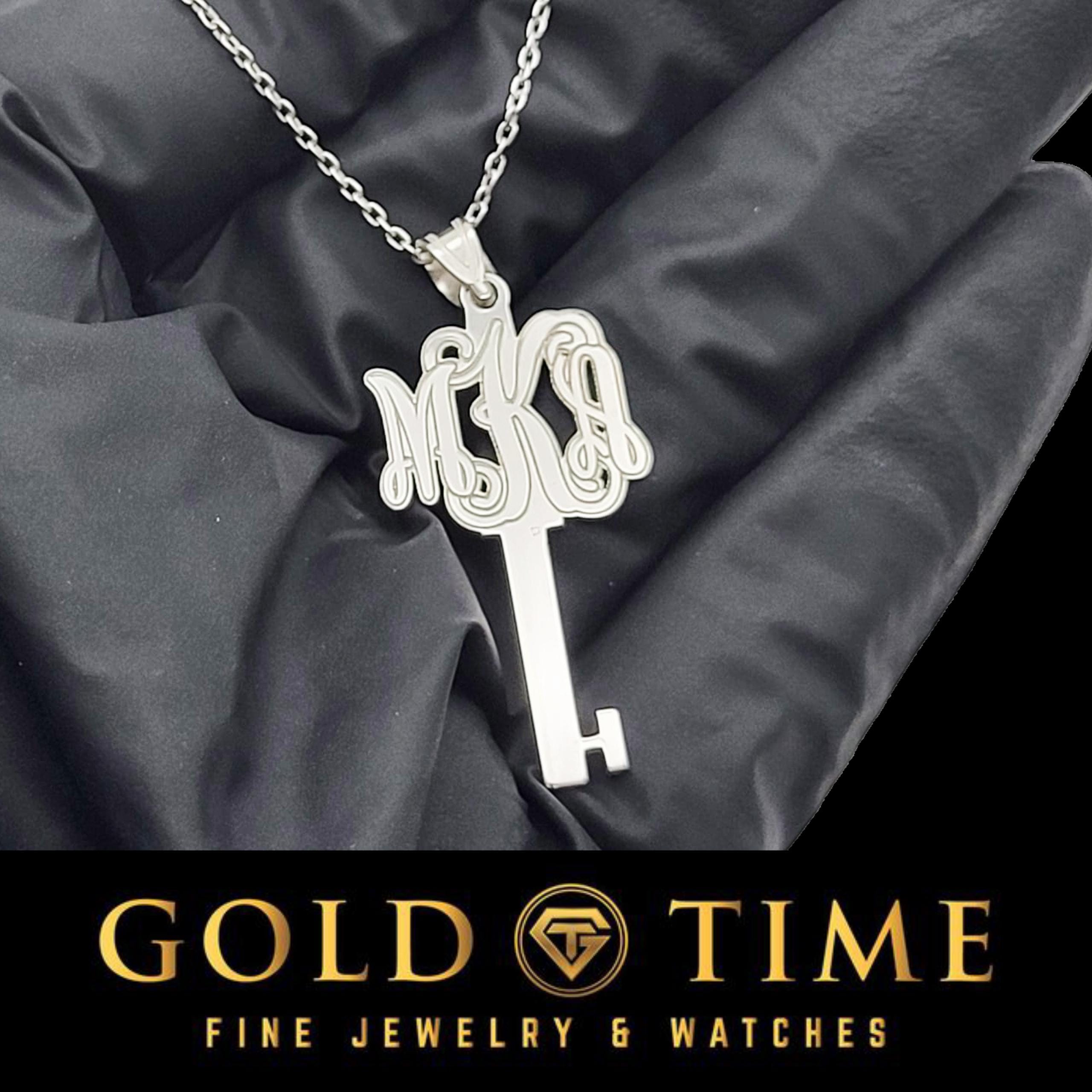 Personalized Script Monogram Key Necklace in Sterling Silver or Gold, Custom Initial Pendant, Gift for Her, Polished Finish, 1620" Chain