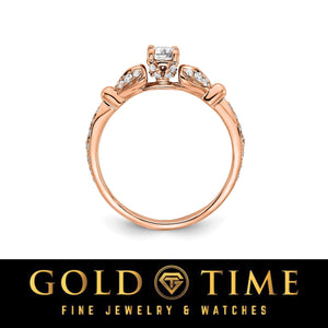 Front profile of the 14K rose gold engagement ring showing the raised center diamond