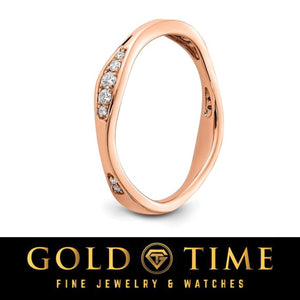 Side view of the curved 14K rose gold diamond wedding band
