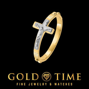 Two-tone gold women's crucifix ring with a white gold crucifix on a yellow gold band